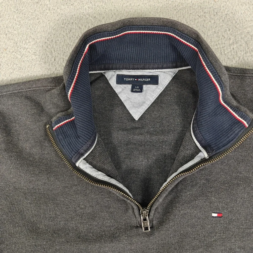 Tommy Hilfiger Sweater Mens‎ Large Gray 1/4 Zip Pullover Logo Cotton Classic